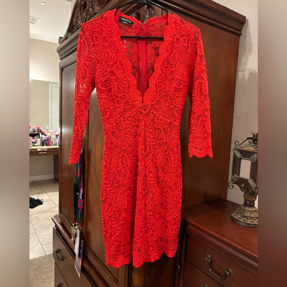 bebe Red Lace Long-Sleeve V-Neck Dress